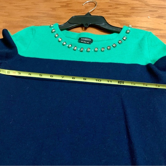 Talbots | Green Blue Color Block Merino Wool Short Sleeve Sweater Embellished M - Picture 5 of 5